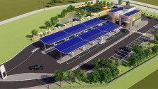 An artist's impression of the facility, showing its rooftop solar array and battery storage modules. Image: Gridserve